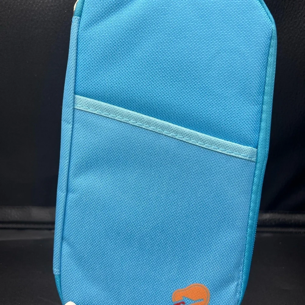 Blue Travel Organizer/ passport holder with Orange Logo